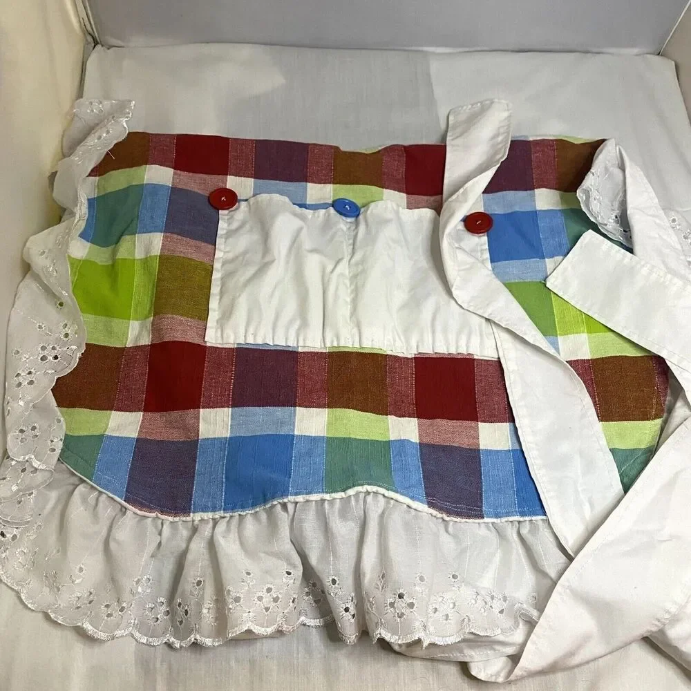 #7124 Adult Checkered White Red Green Blue Full Apron with Pockets Hand Made